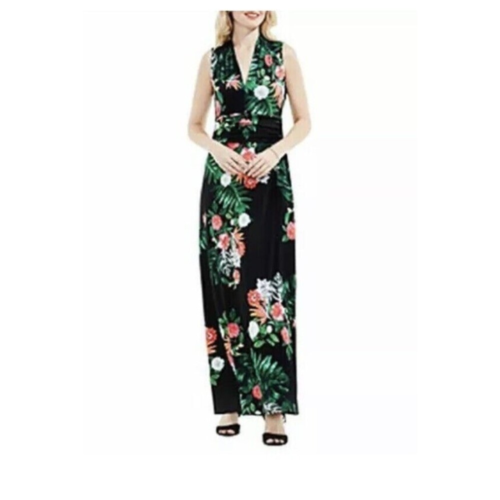 Vince Camuto Large Havana Floral Maxi Dress Black V-Neck Sleeveless Ruched Sides